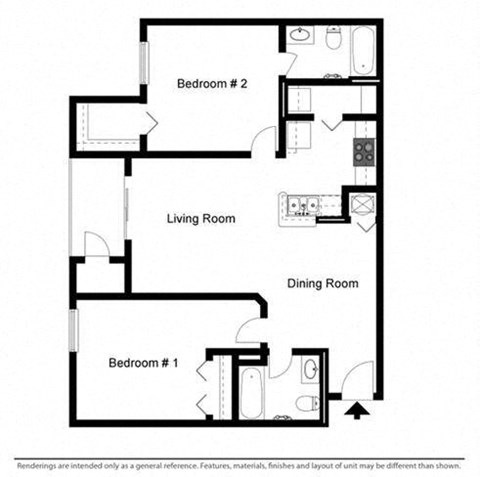 Floor plan for 2 beds, 2 baths, 1081 sqft